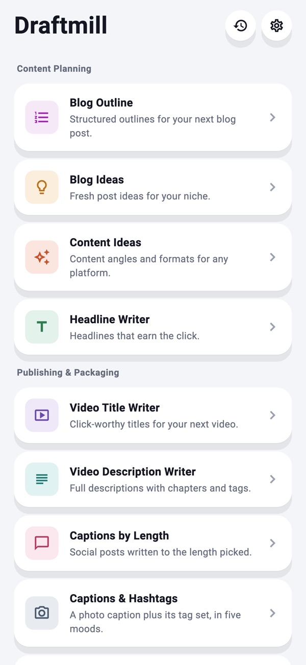 Draftmill home screen with tools grouped under Content Planning and Publishing and Packaging