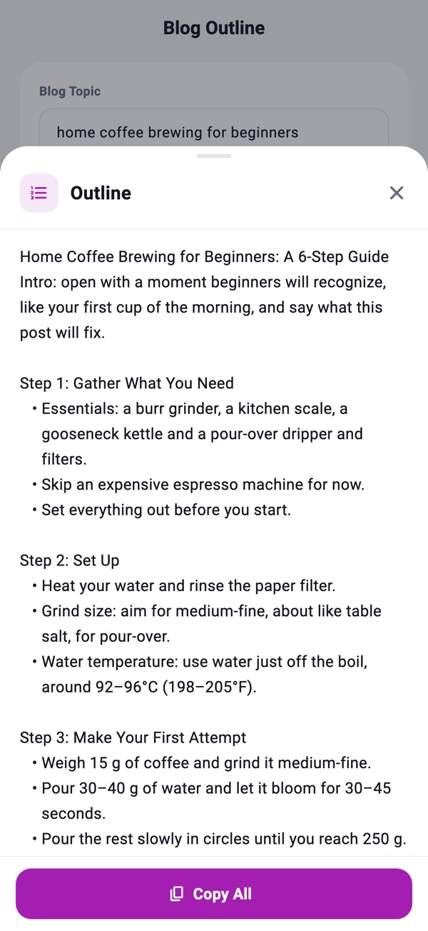 Generated blog outline with a title, intro note and step-by-step section headings