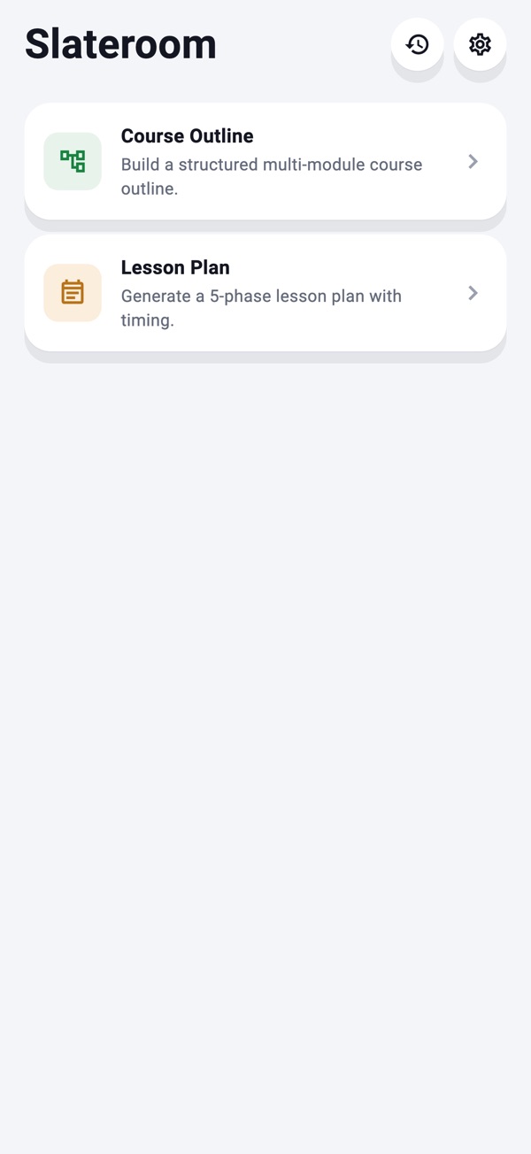 Slateroom home screen with Course Outline and Lesson Plan