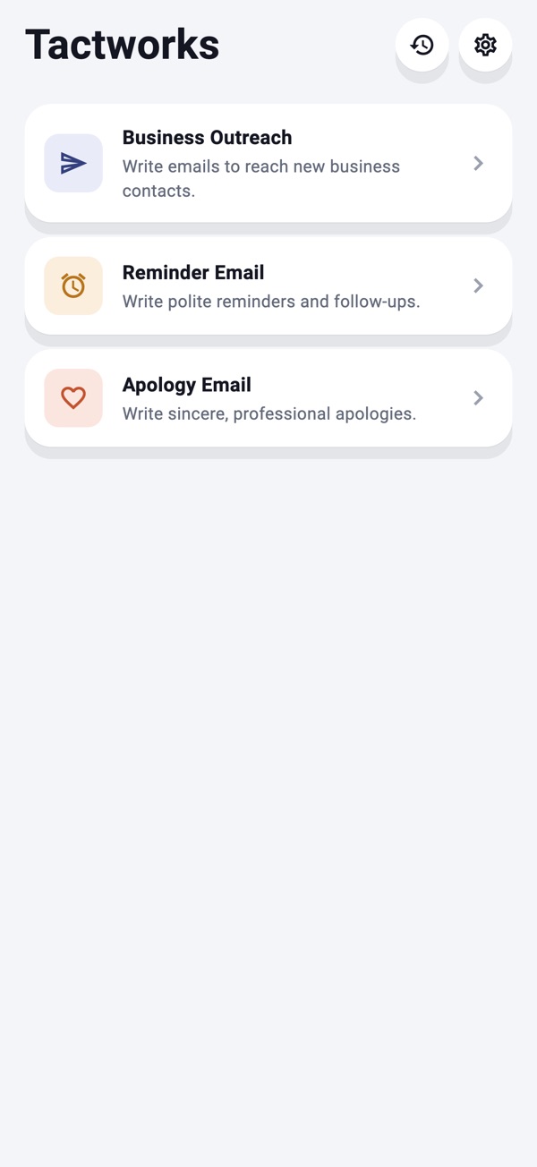 Tactworks home screen listing Business Outreach, Reminder Email and Apology Email