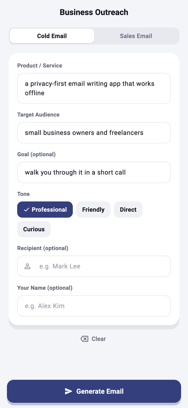 Cold Email form with product, target audience, goal and the Professional tone selected