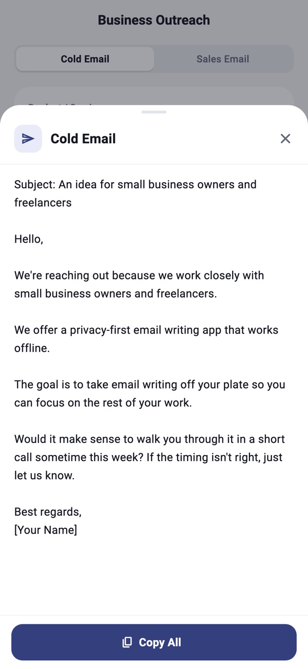 Generated cold email with a subject line, greeting, body and sign-off