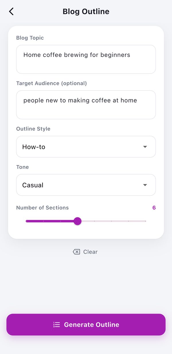Draftmill Blog Outline form with the home coffee brewing topic, How-to style, Casual tone and 6 sections