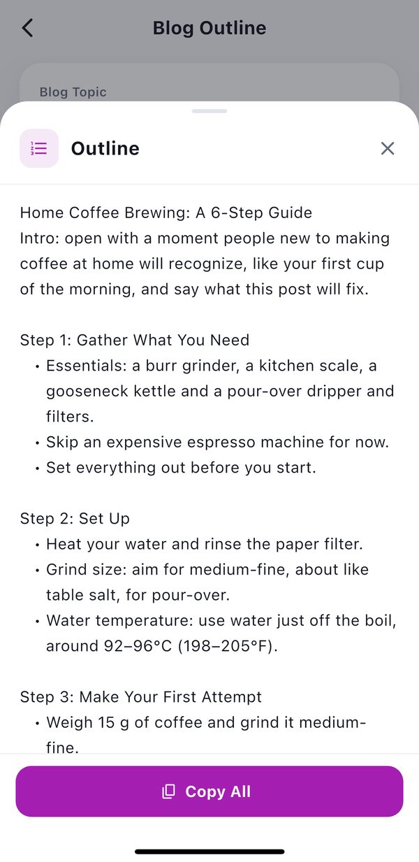 The first screen of the generated home coffee brewing outline in Draftmill