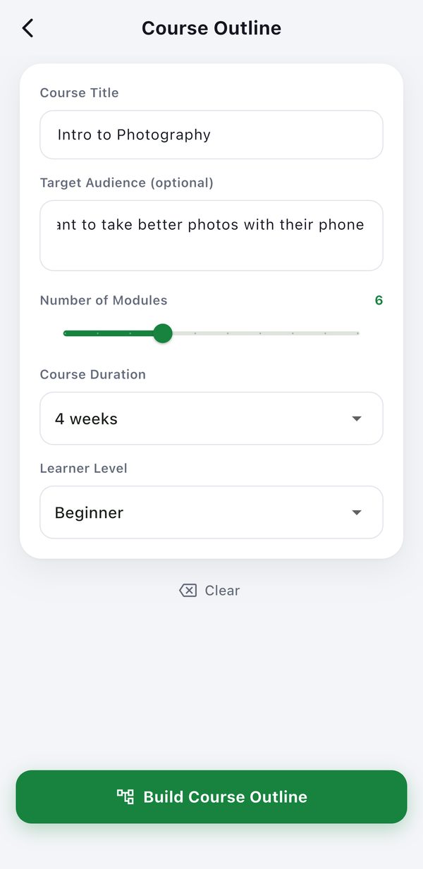Slateroom Course Outline form with Intro to Photography, 6 modules, 4 weeks and Beginner level