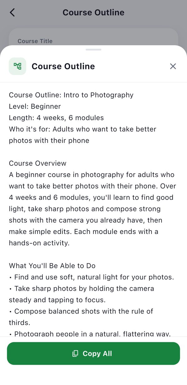 The first screen of the generated Intro to Photography course outline in Slateroom