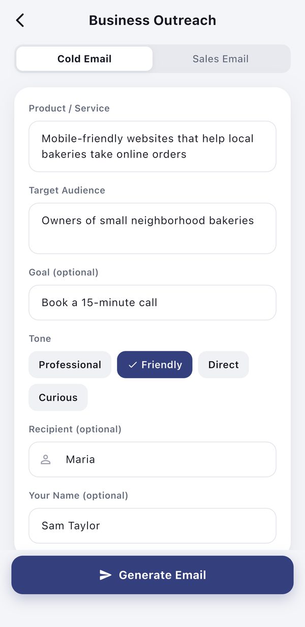 Tactworks Cold Email form filled in for a bakery website pitch, with the Friendly tone selected