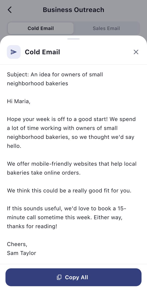 The finished cold email to Maria in the Tactworks result sheet, with a Copy All button